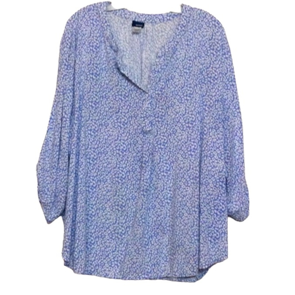 🌞 Basic Editions pullover blue white tunic roll tab sleeves women plus size 3X